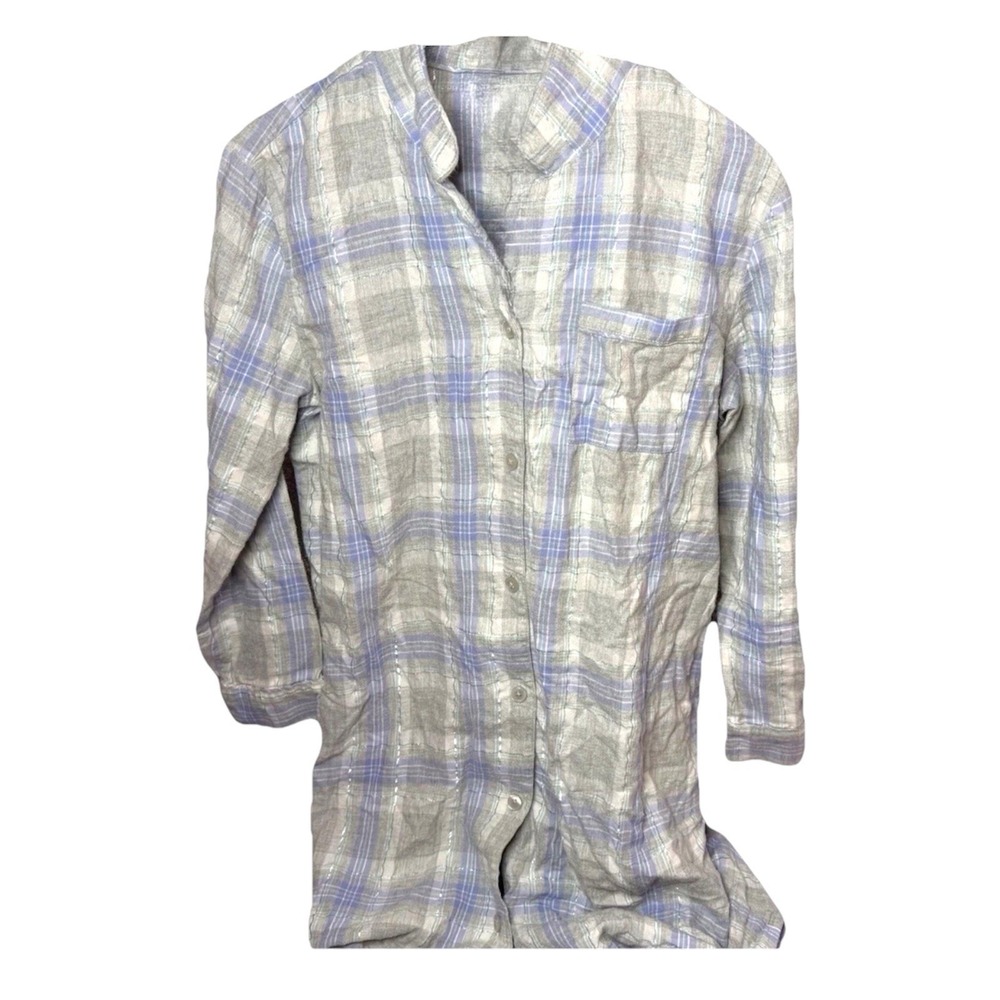 TALBOTS Womens Medium Lavender Purple Silver Plaid Flannel Night Shirt Gown - Picture 2 of 7